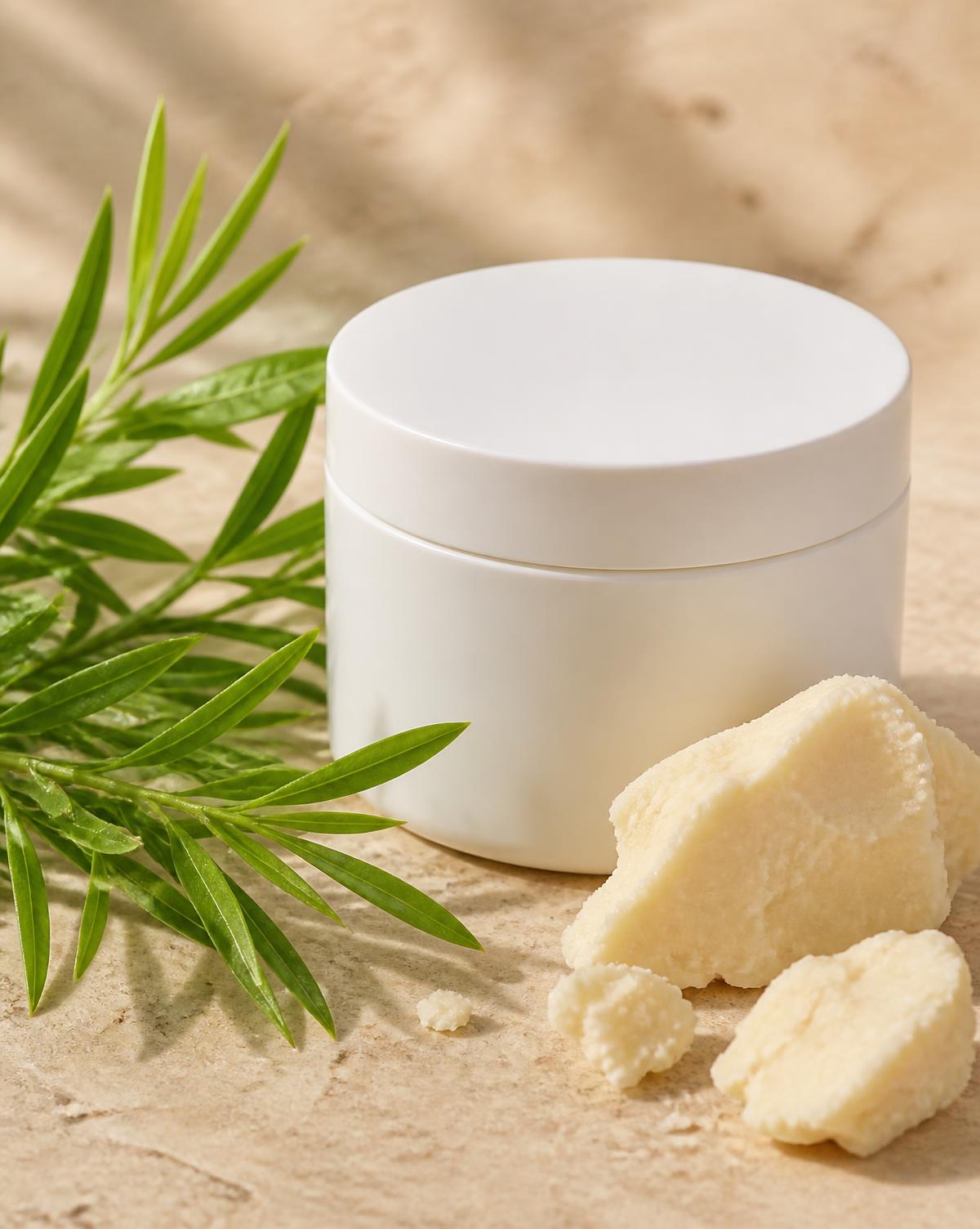 Tea tree leaves and shea butter beside a plain white skincare tub